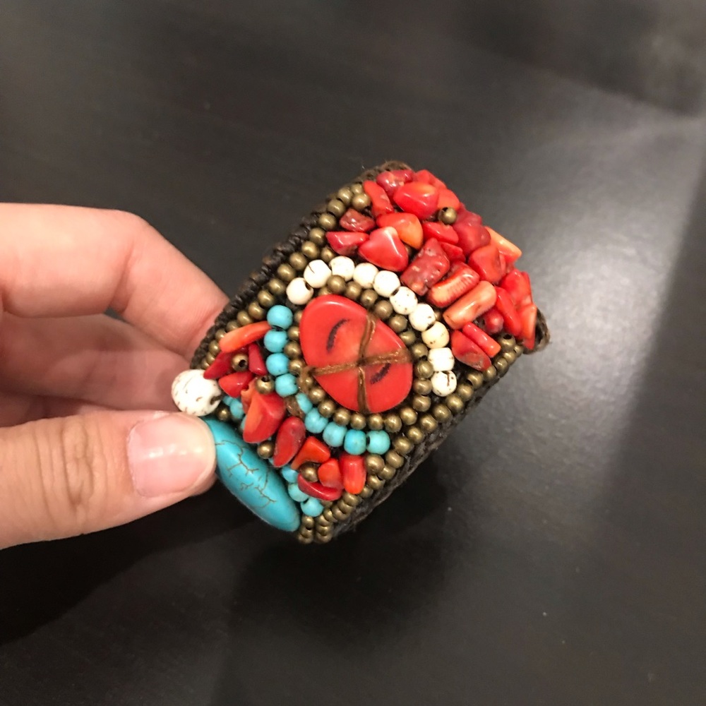 Bohemian coral and turquoise cuff bracelet